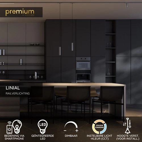 Lucide Premium LINIAL LUXUS Hanglamp - 1-fase Railsysteem / Smart Railverlichting - Smart - 48V Track - 1xLED - Mat Zwart Chroom - USP